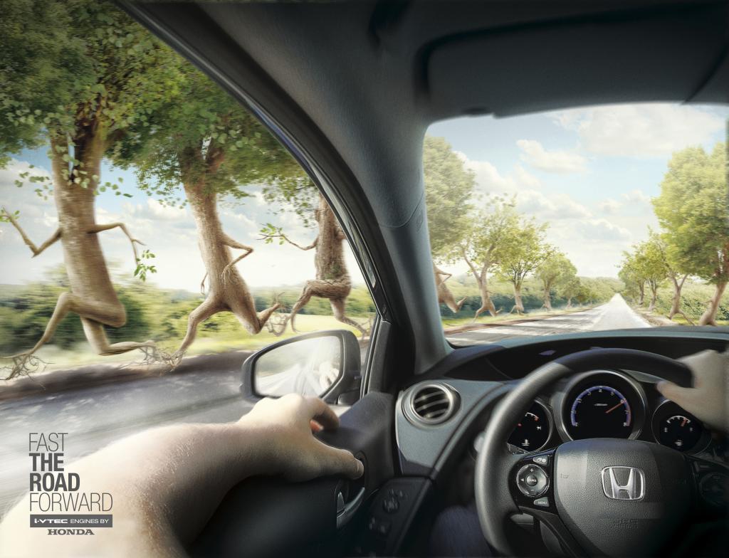 上海广告设计公司尚略广告国外广告欣赏：Honda:本田汽车“后退的道路”篇平面广告创意设计