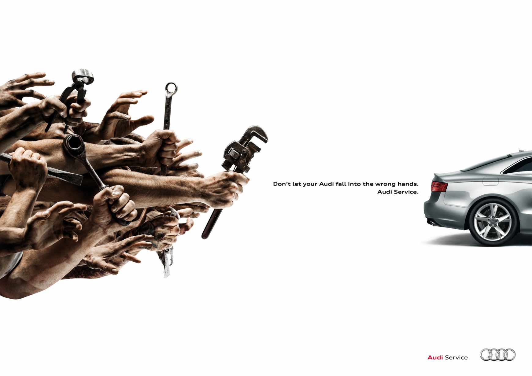 上海策划公司广告分享-奥迪汽车售后服务平面广告创意设计”僵尸“修理工篇1-扳手