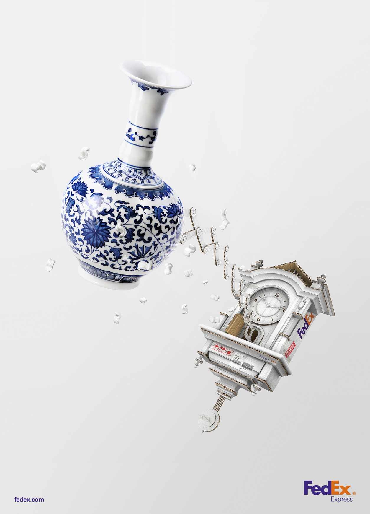 联邦快递FEDEX平面广告创意设计时钟篇-青花瓷瓶