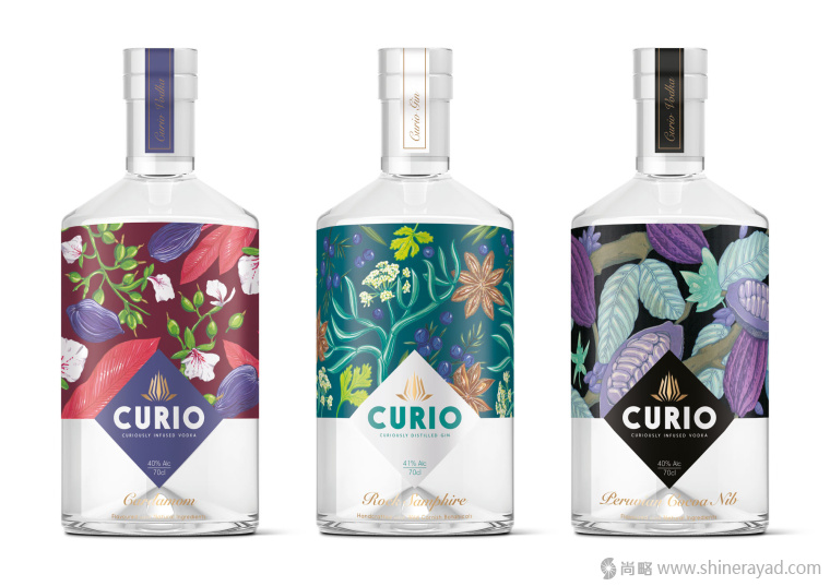 国外手绘植物花卉插画风格洋酒包装设计-curio杜松子酒和伏特加酒包装设计2