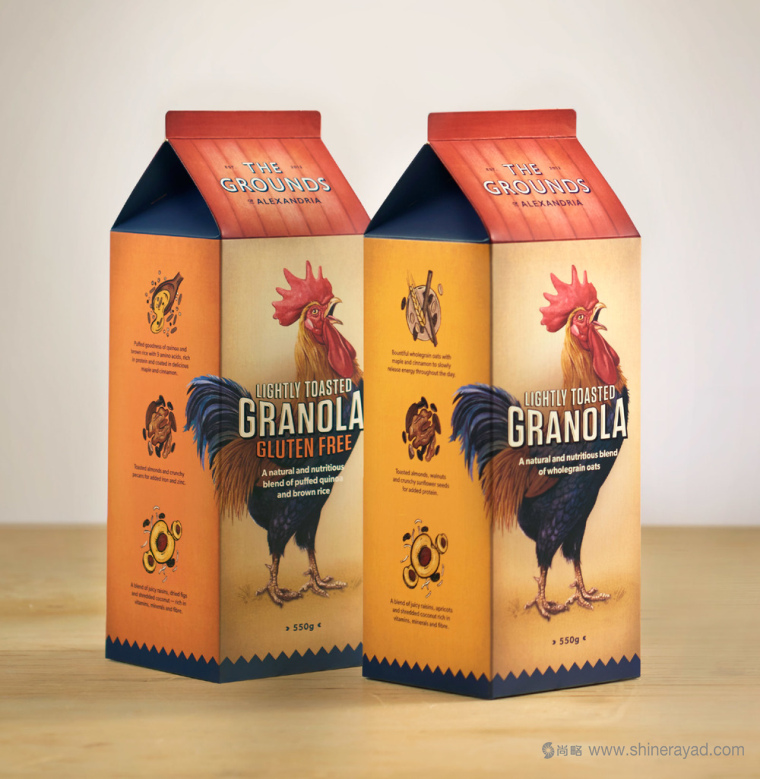 上海包装设计公司收藏 THE GROUNDS GRANOLA 营养早餐燕麦麦片包装设计“公鸡打鸣篇”2