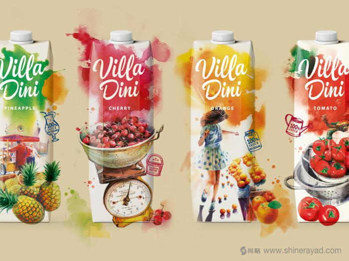 上海包装设计-Villa Dini 水墨风格水果饮料包装设计插画设计1