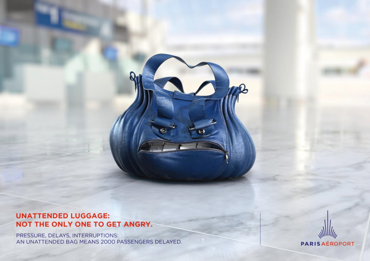 法国巴黎机场设计的平面创意广告“愤怒的包”，提醒人们注意看管物品