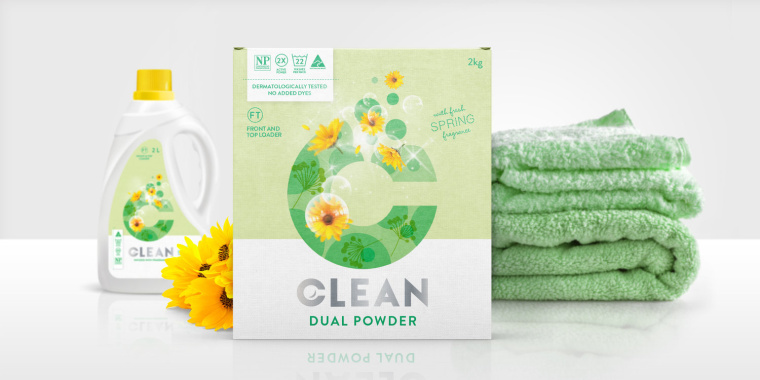 品牌C字母图形风格 DUAL CLEAN 洗衣粉洗衣剂包装设计-上海包装设计公司