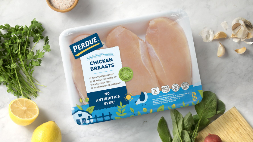 Perdue冷鲜鸡肉品牌产品包装设计插画，展现了标志性的农场情景