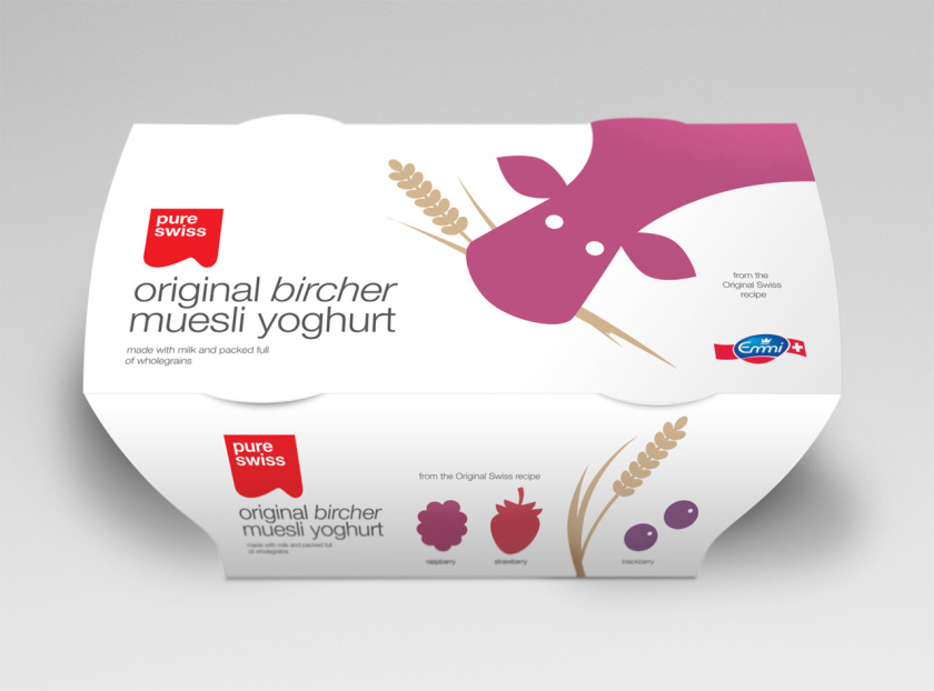 PURE SWISS 瑞士酸奶包装设计-完全抽象化的牛与作物的扁平化设计