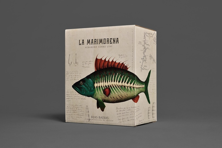 Albariño 葡萄酒包装设计，复古的鱼插画标签风格