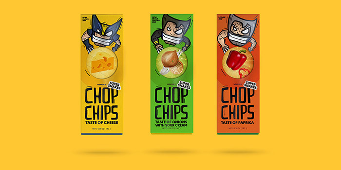 Chop chips 俄罗斯薯片包装设计，一只卡通小狼仔正在用餐的插画设计