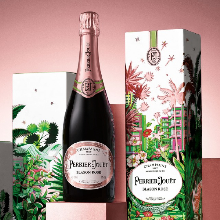 情人节礼盒 PERRIER-JOUËT玫瑰香槟包装设计，热带雨林植物插画设计