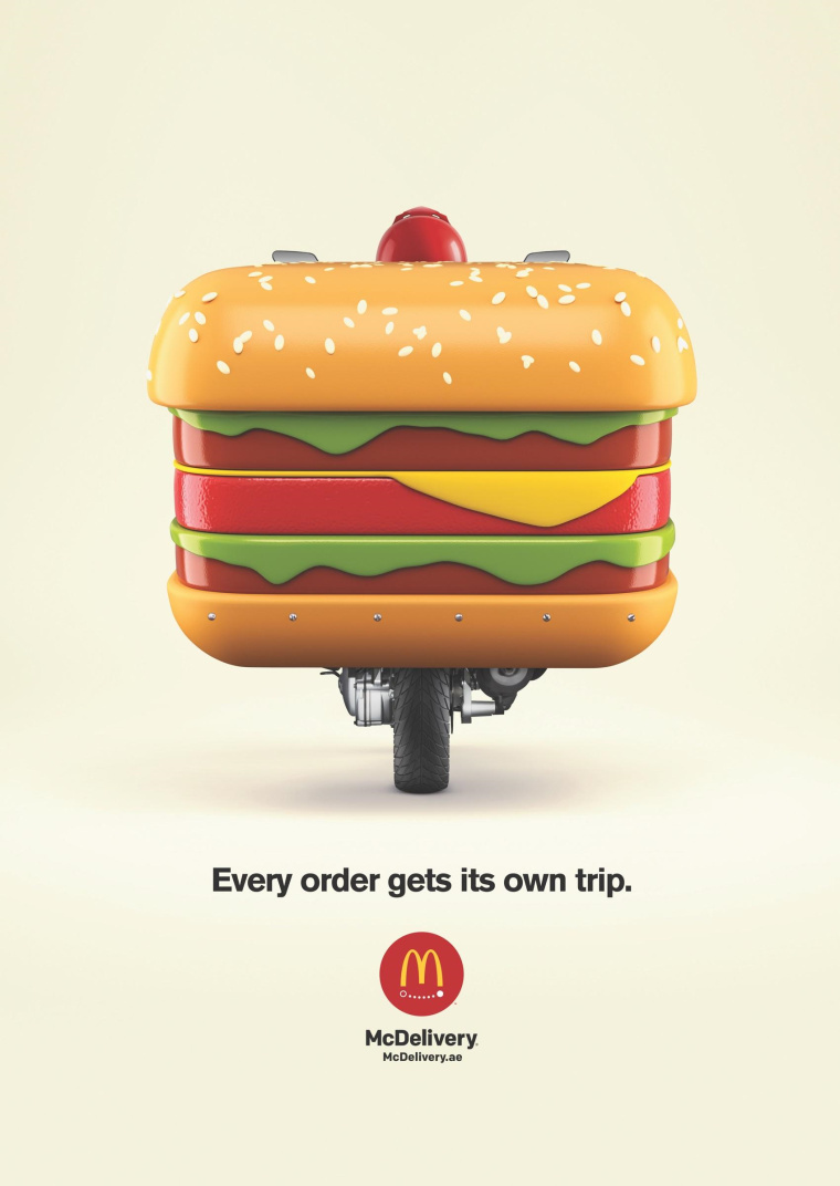 麦当劳外卖食品平面创意广告设计“每个订单都有自己的旅行”-汉堡