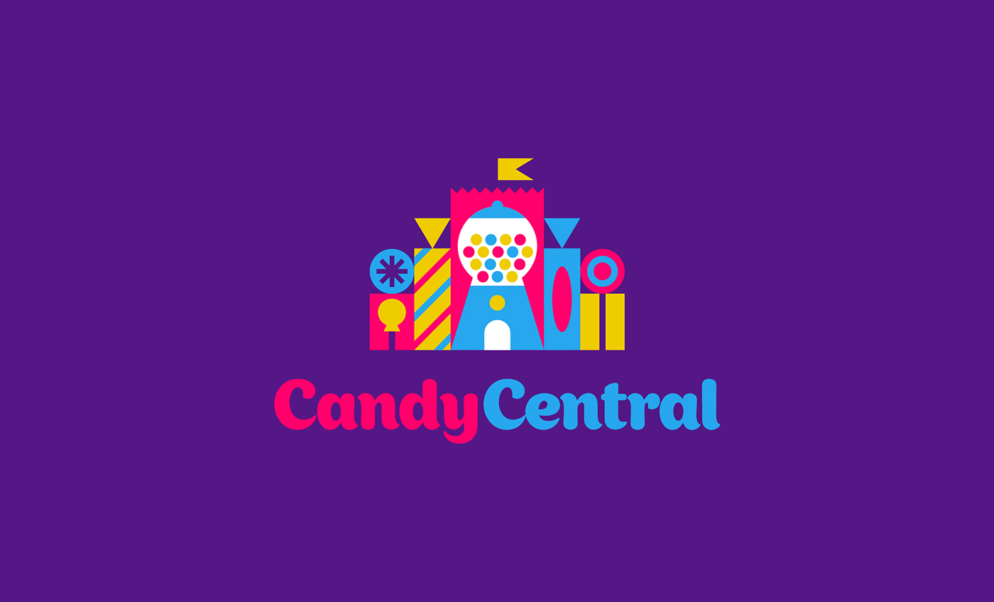 Candy central扁平化糖果包装设计，糖果元素相融合与绘制可爱的卡通造型