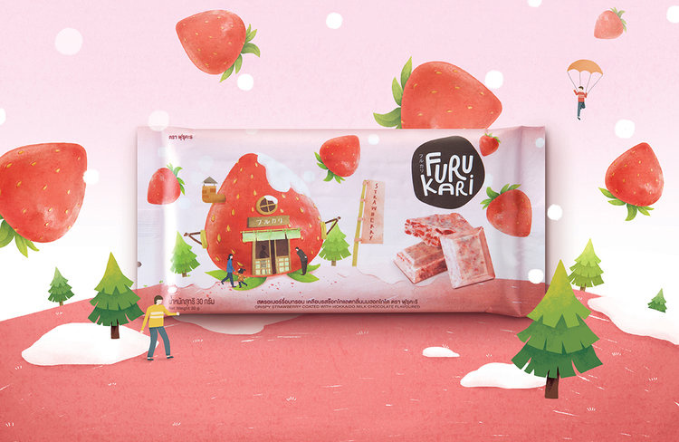 日本Furukari休闲零食小吃食品包装，可爱的水果甜点屋插画风包装设计