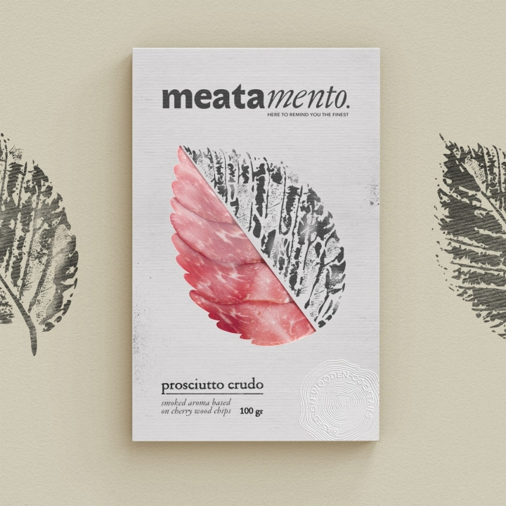 Meatamento熏肉包装设计，采用叶子造型的开窗纸盒设计