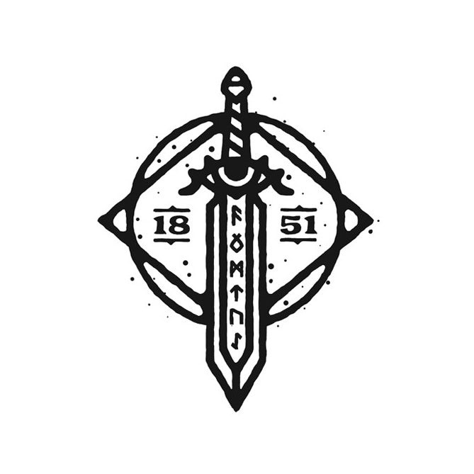 原始和不完善的手绘logo设计-显示剑,符文和眼睛的圆形logo