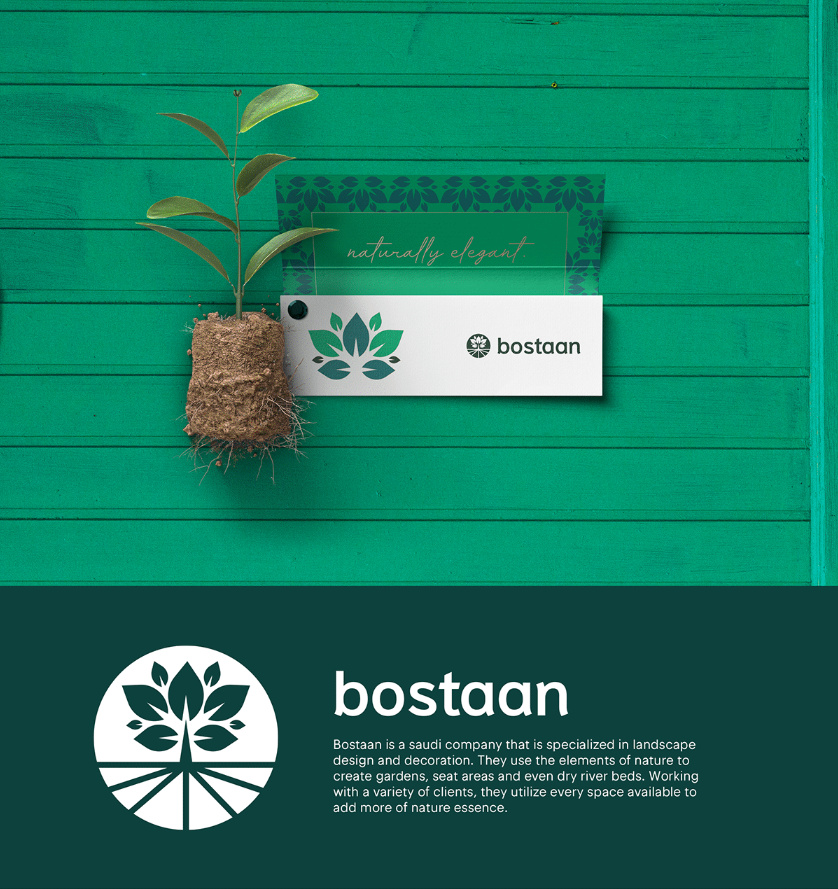 Bostaan 景观公司logo设计与vi设计，矢量化几何风格绿叶与根须