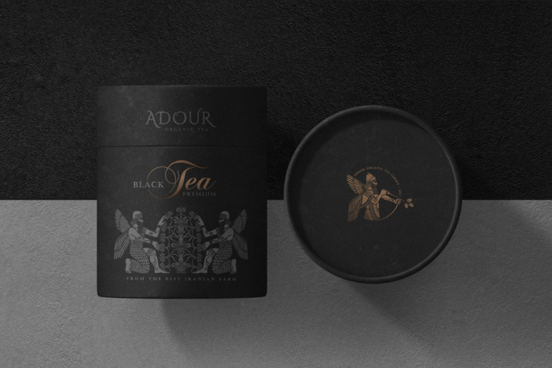 黑色风格Adour伊朗红茶包装设计，波斯第一帝国士兵插画设计