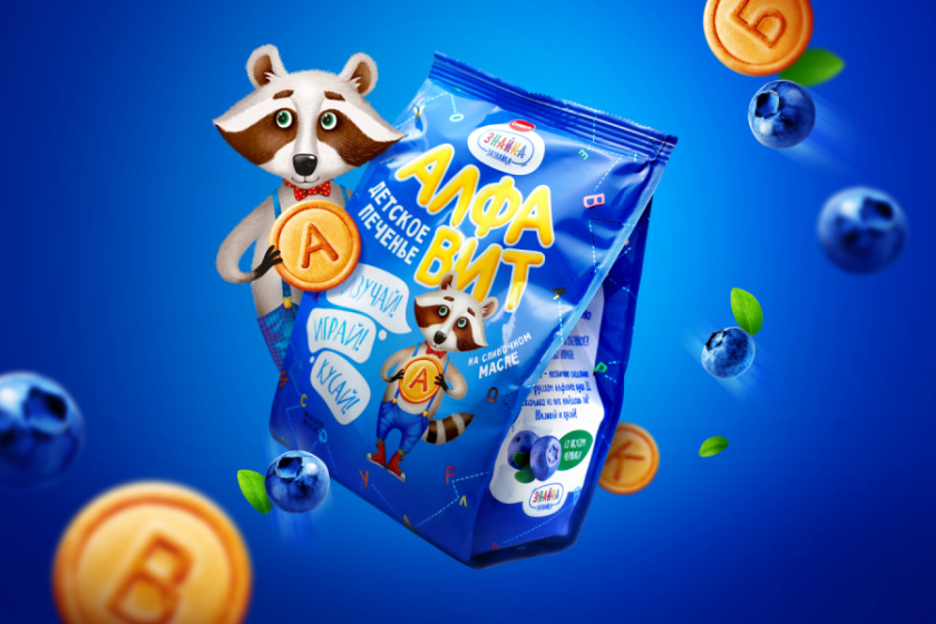 Znayka儿童食品品牌包装设计，欢快的浣熊Yasha吉祥物设计