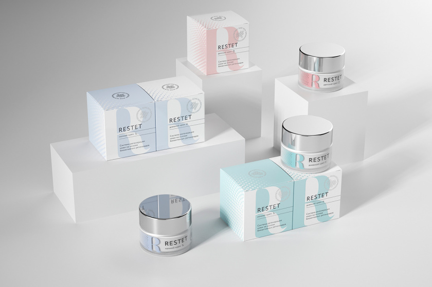 Restet医美化妆品包装设计，字母R+动态圆点元素
