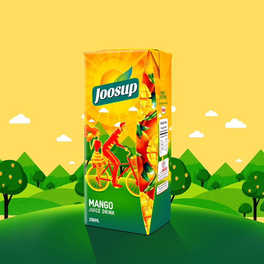 Joosup 果汁饮料利乐薄叶包装设计，嬉戏的夫妻插画设计