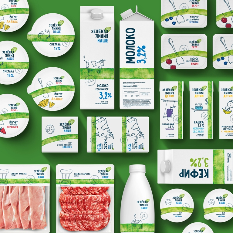 绿线食品乳制品鲜肉产品品牌包装设计，手绘绿线超级视觉符号