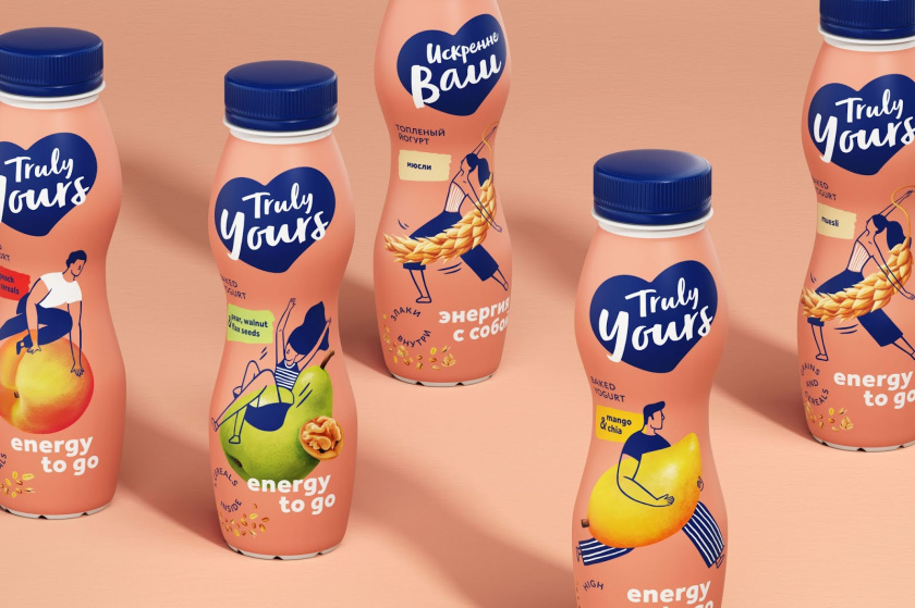 Truly Yours 酸奶包装设计，人物与水果虚实结合的插画设计手法