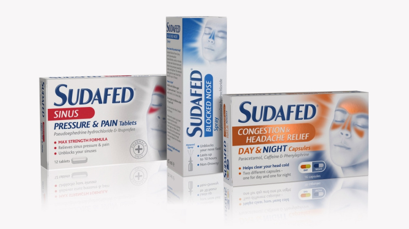 苏达飞Sudafed 鼻子和鼻窦充血剂药品包装设计，标志性的脸部图形表达症状缓解