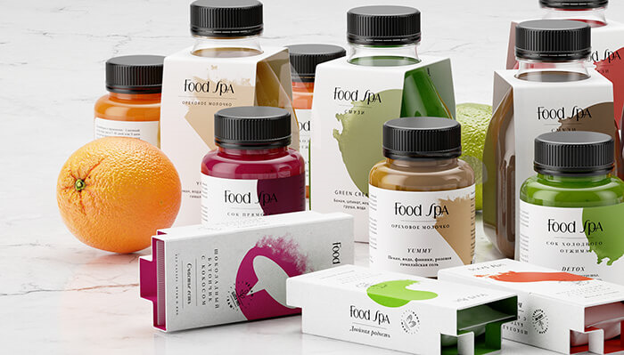 FoodSpa健康排毒果汁食品包装设计，自然水彩配色方案
