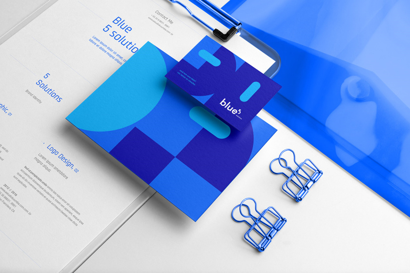 Blue 5 Solutions 科技公司企业品牌形象vi设计,,几何同色系蓝色色块辅助图形