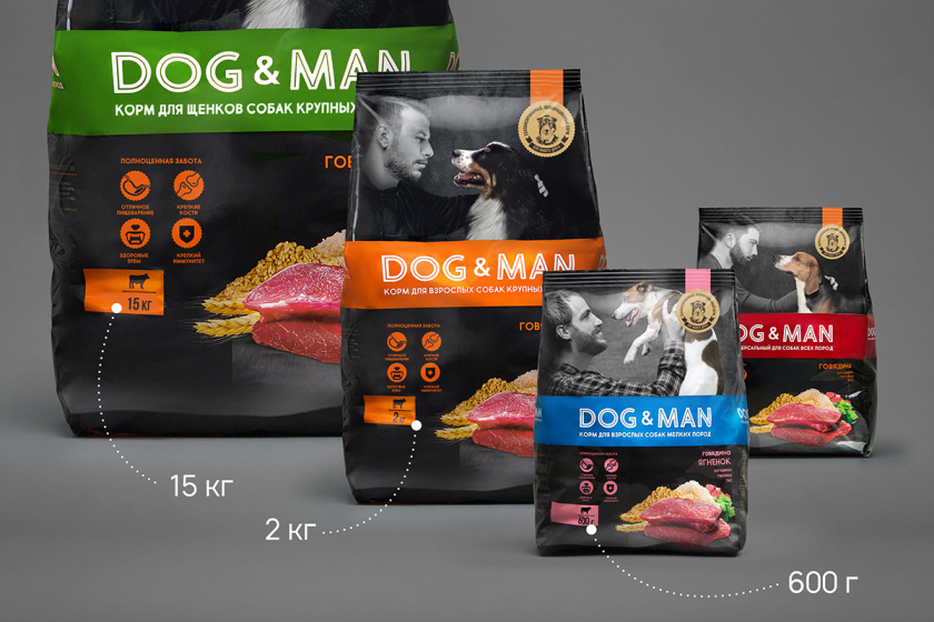 DOG&MAN 狗粮宠物食品包装设计，男人与狗的亲密照片