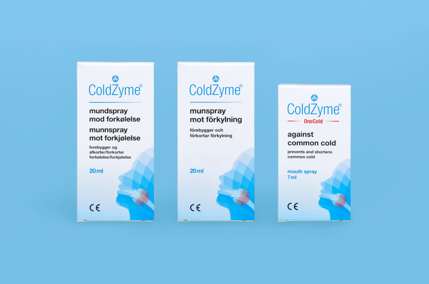 Coldzyme 预防感冒病菌口腔喷雾剂包装设计，色块面部图形+喉咙箭头与发炎符号