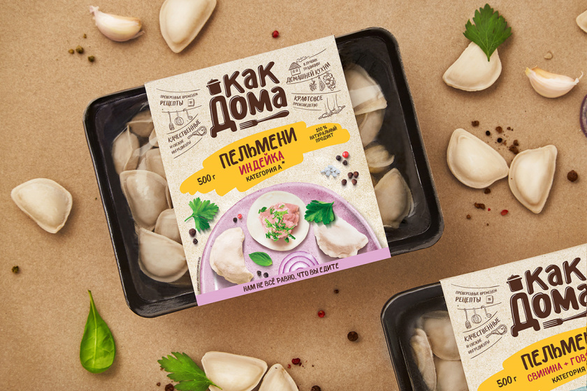 Kak Doma就像在家混沌饺子肉馅糕点烹饪食品包装设计，手绘图案+实物照片