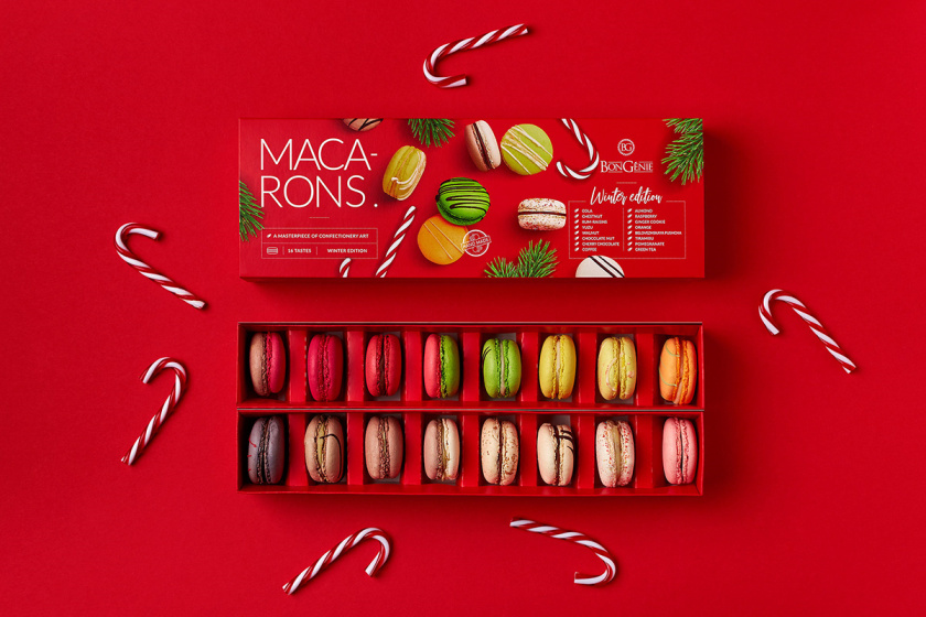BonGenie马卡龙糕点节日礼品装食品包装设计，喜庆红色+糕点照片