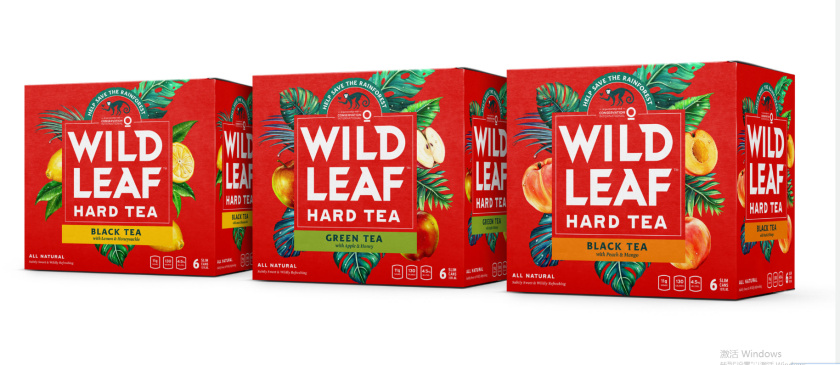 Wild Leaf 野叶硬茶水果混合茶饮饮料易拉罐包装设计，红色热带雨林插画风格