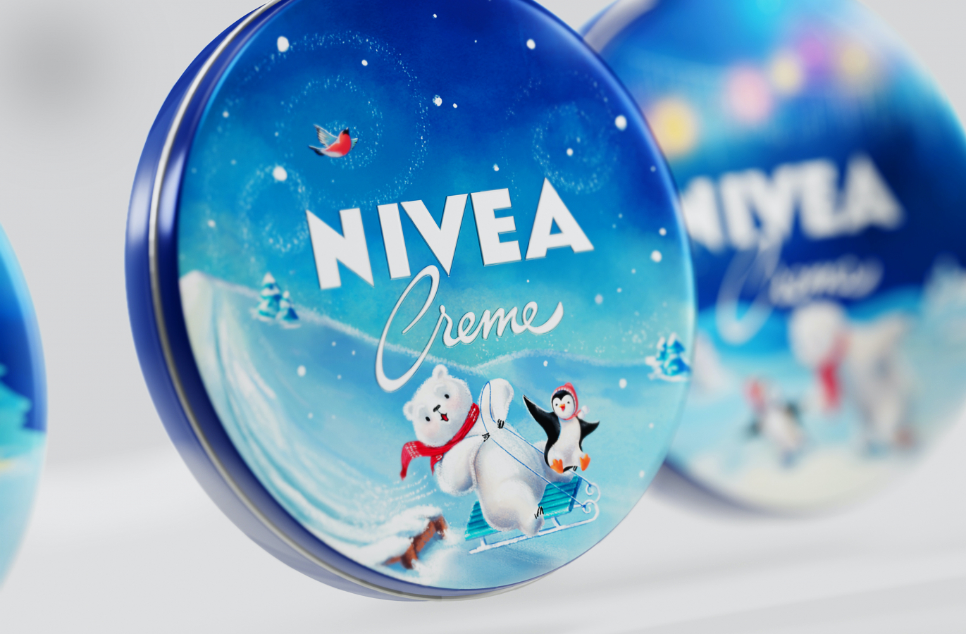 妮维雅护肤品圣诞节礼品包装设计“北极熊和企鹅的友谊”卡通插画设计