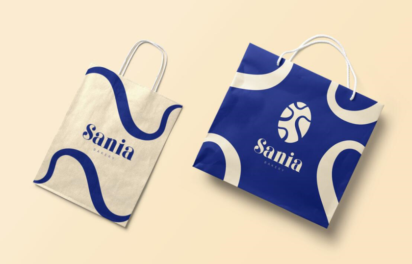 sania 烘培面包店品牌vi形象设计，宝蓝色面包手绘线条轮廓图案