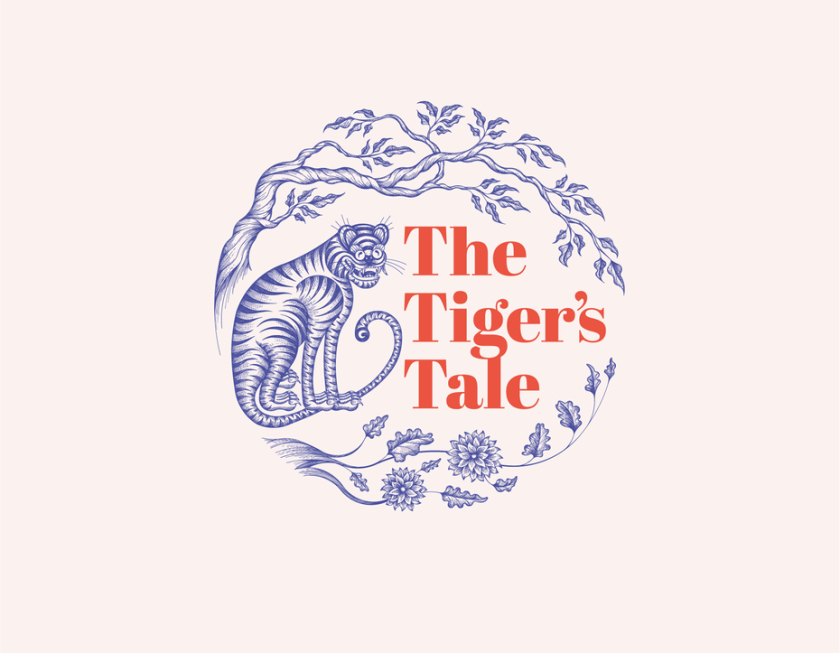 一只老虎坐在树下的线条画标志logo，题为“老虎的故事”