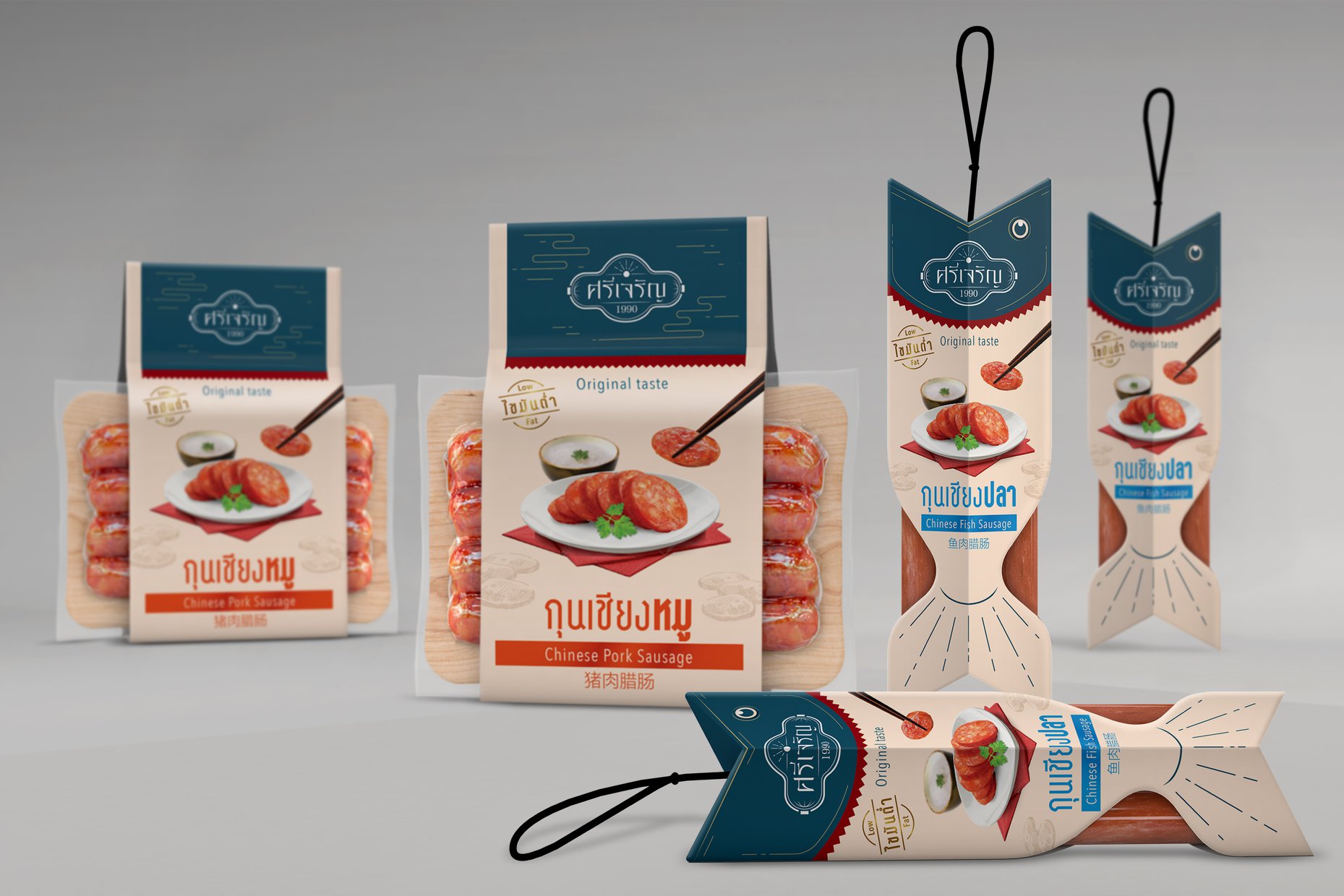 Sri Charoen 鱼肉香肠包装设计，鱼在砧板上的创意