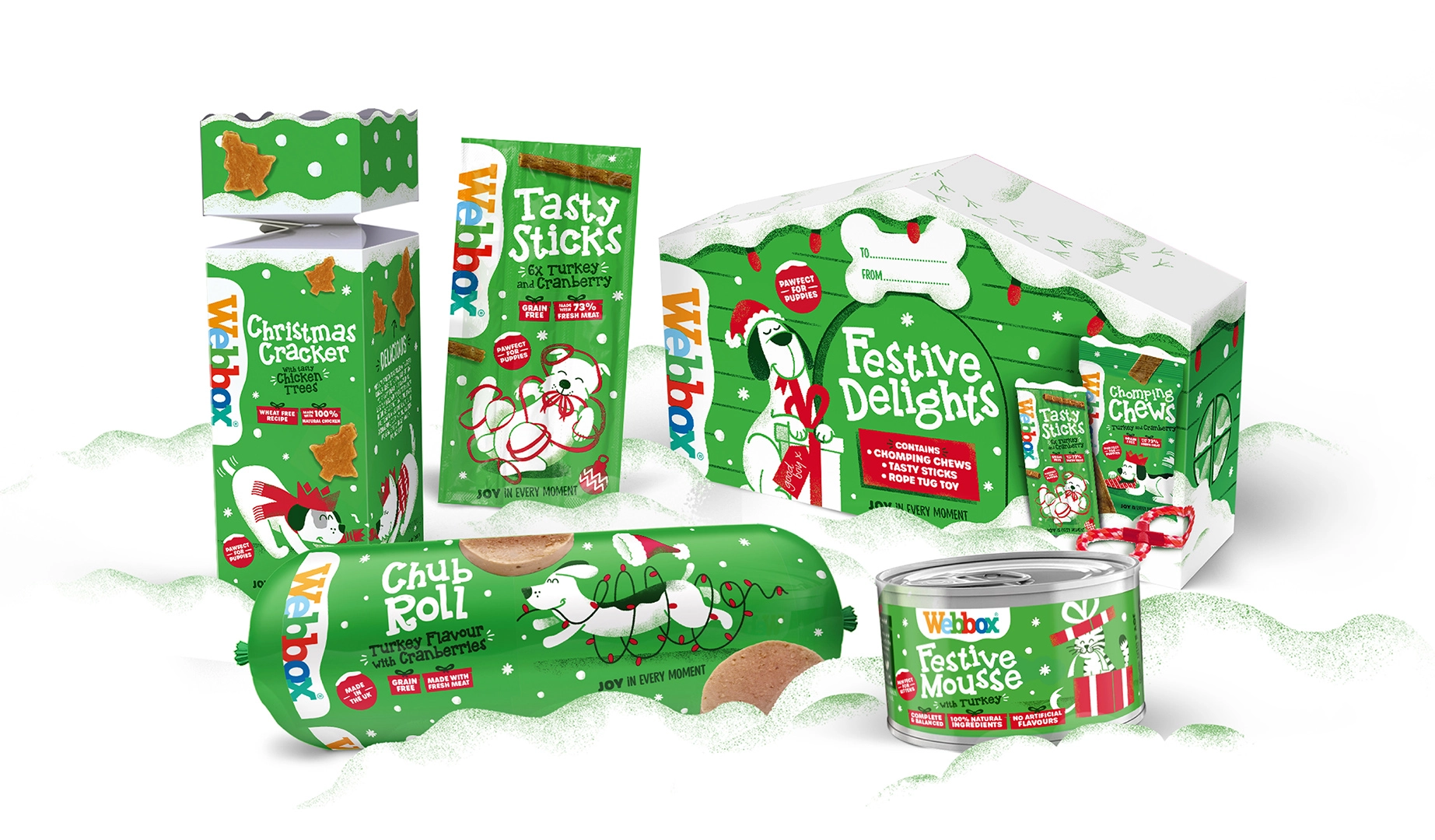 Webbox宠物食品用品猫粮狗粮圣诞节节日包装设计，调皮捣蛋宠物插图