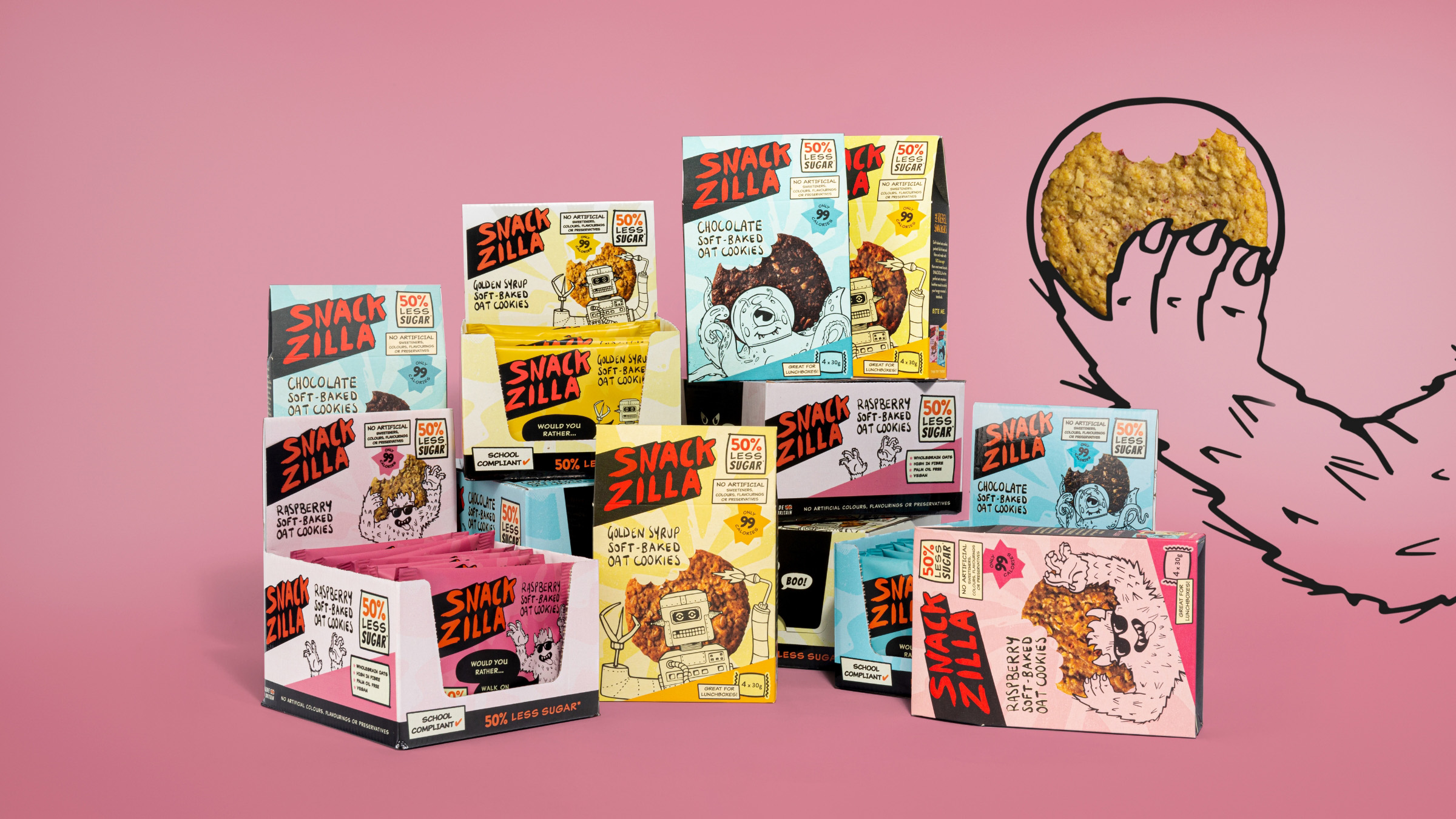 Snackzilla 燕麦饼干儿童低糖零食包装设计，夸张的动物线条插画