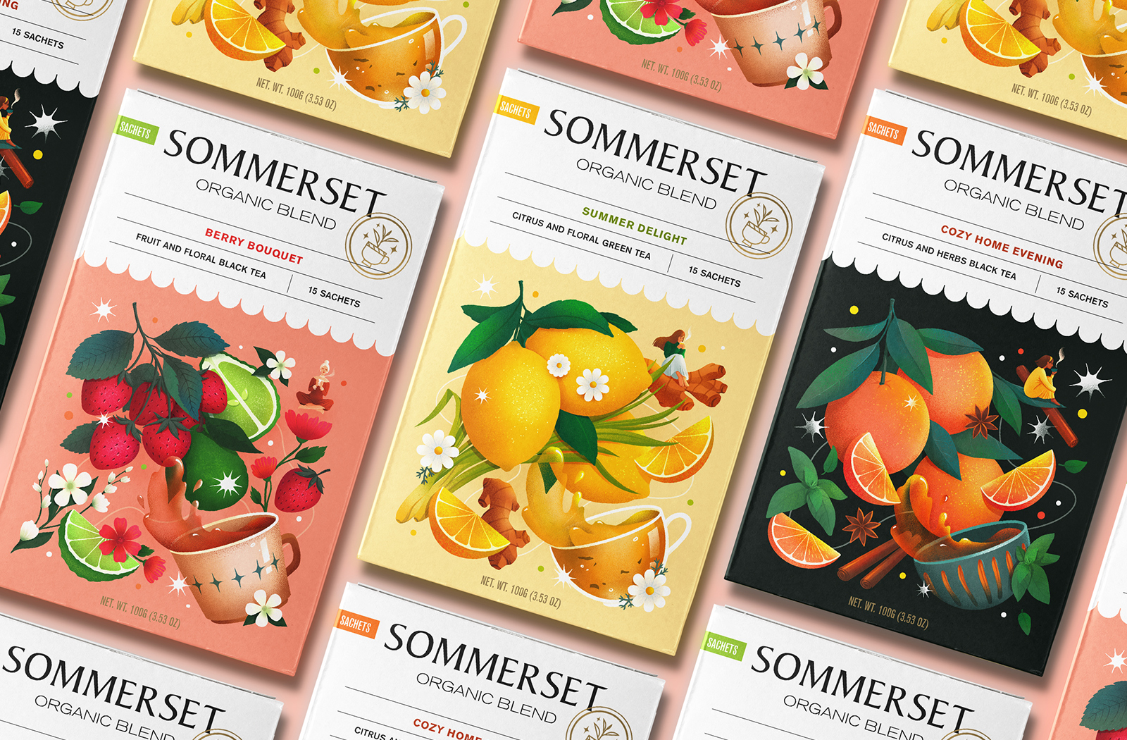 Sommerse有机水果茶花茶混合茶包装设计，充满食欲的立体感插画