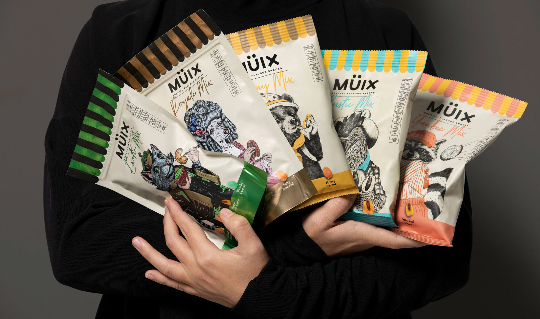 Müix混合口味坚果食品包装设计“动物拟人”插画