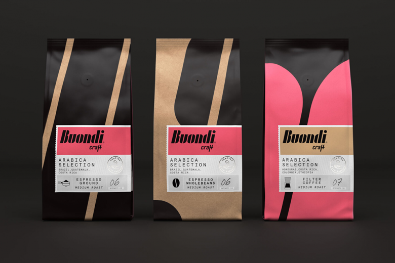 Buondi 咖啡标签贴纸包装设计与字母中间切开标志设计