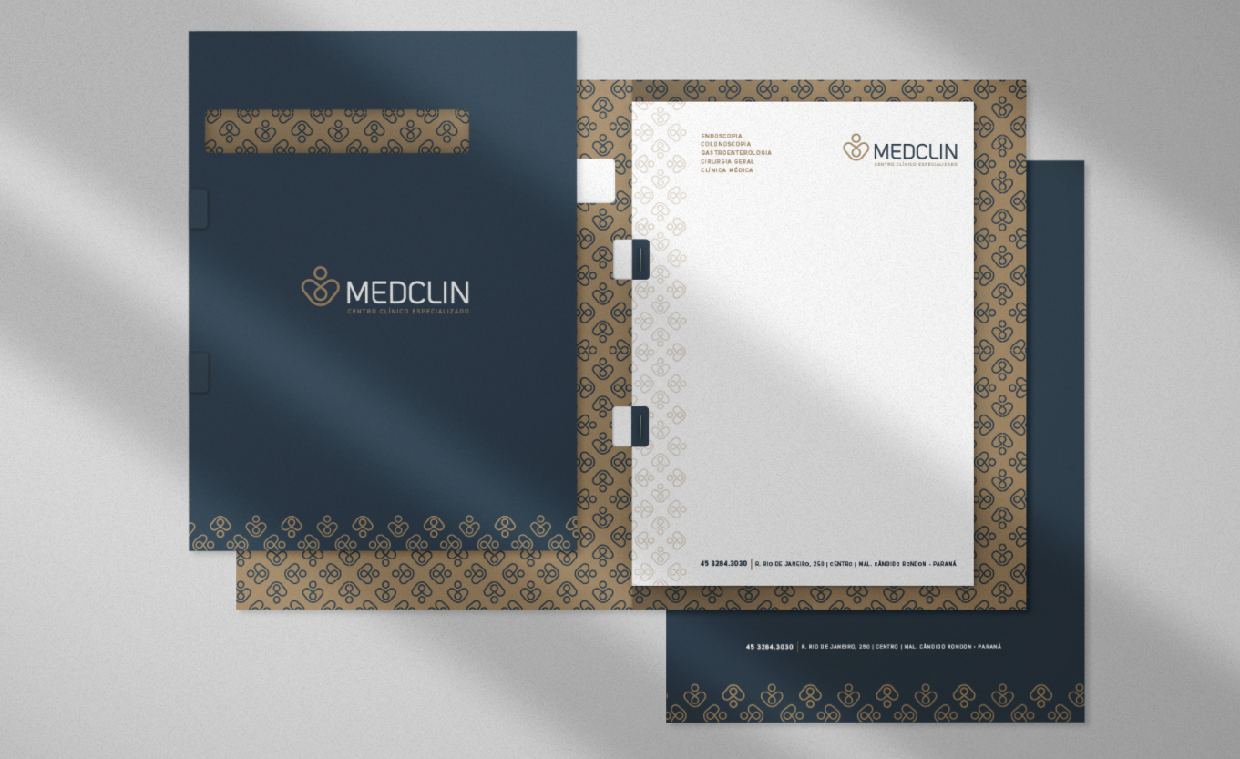 Medclin 高端医疗体检医院logo设计vi设计，蓝金尊贵体验氛围