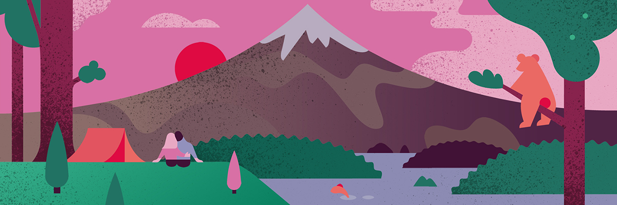 The Darwin Challenge不吃肉app应用程序界面设计与日本富士山风景矢量插画设计风格