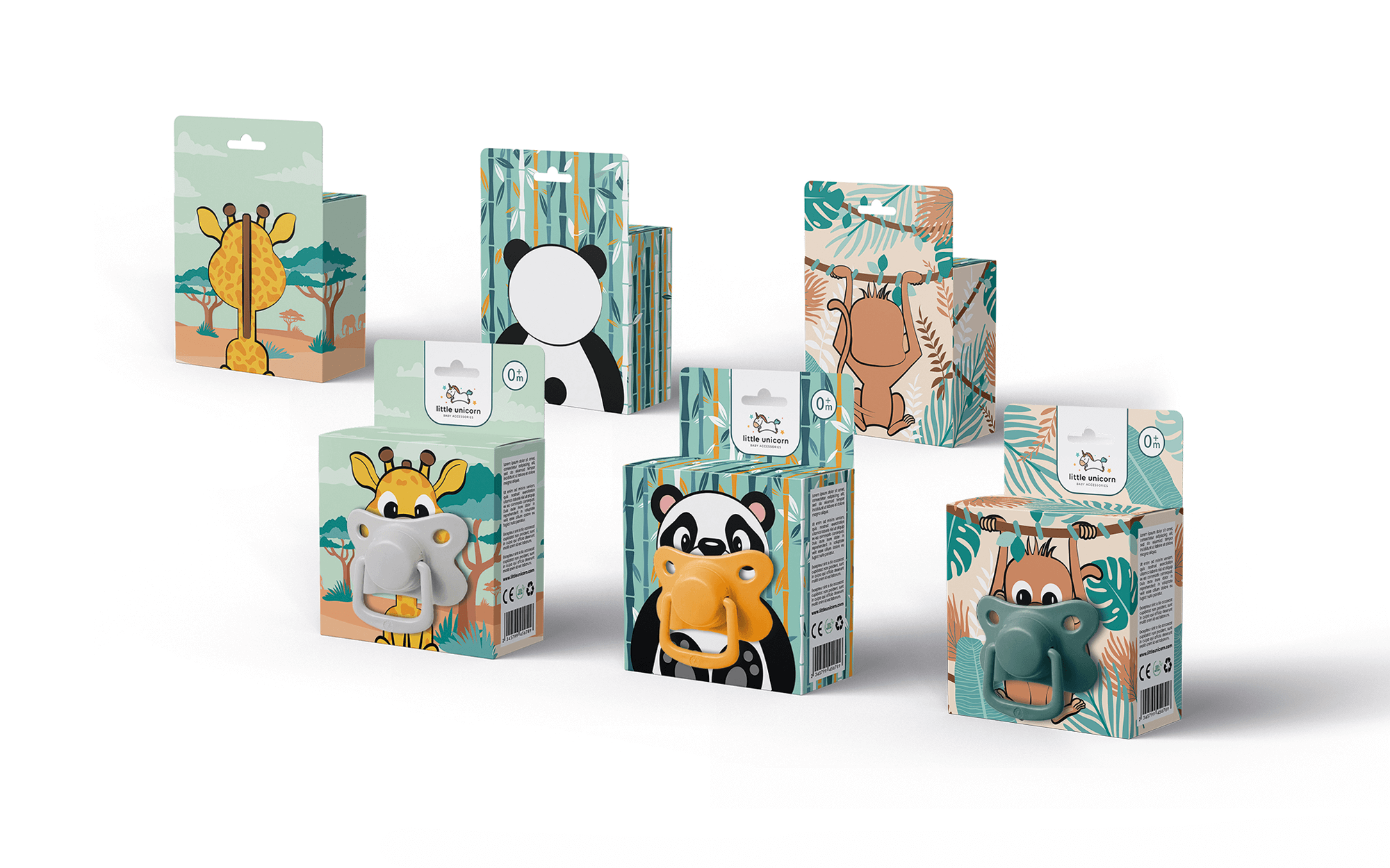 小独角兽婴儿奶嘴包装设计“熊猫、长颈鹿和小猴子”插画