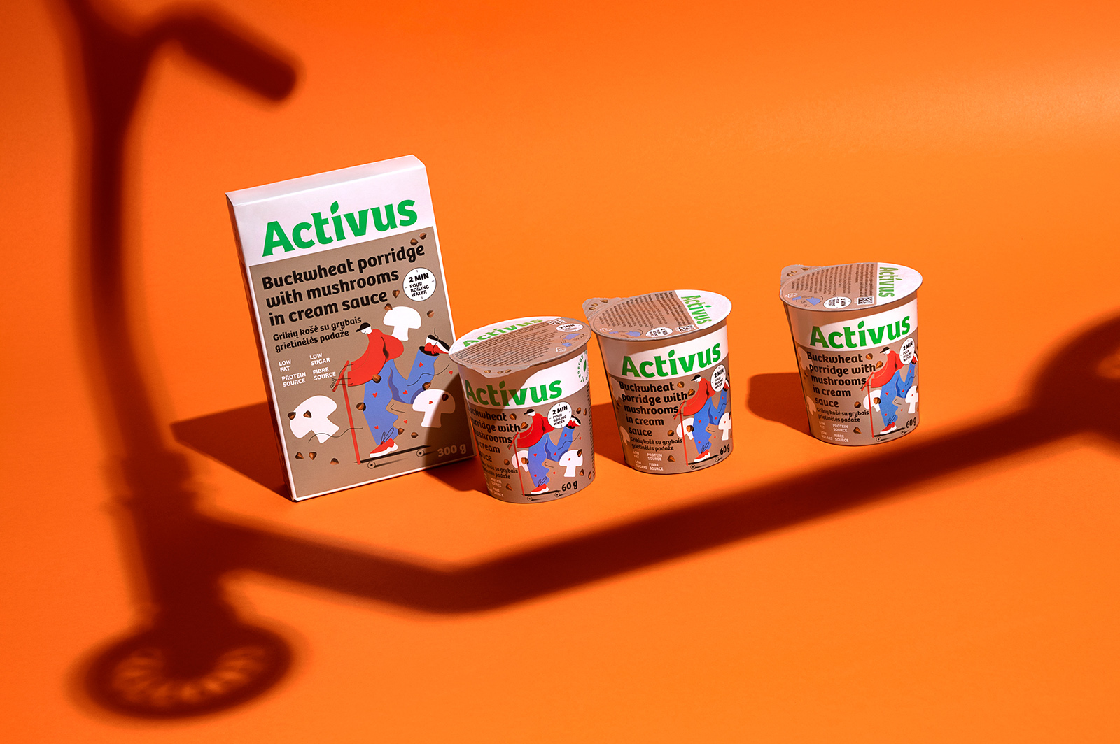 ACTIVUS 杯装健康速食早餐午餐包装设计，比例夸张的活力人物插画