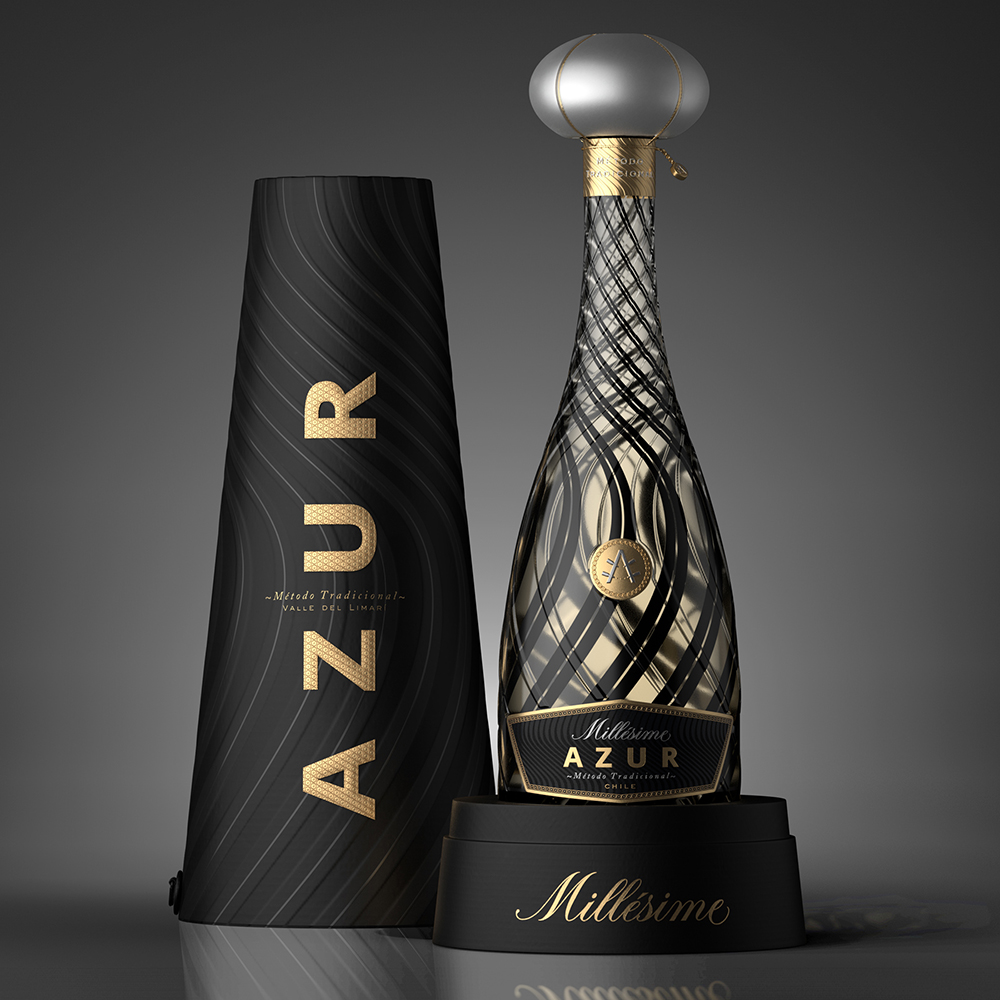 Azur 起泡酒包装设计瓶型设计，黑金螺旋线条