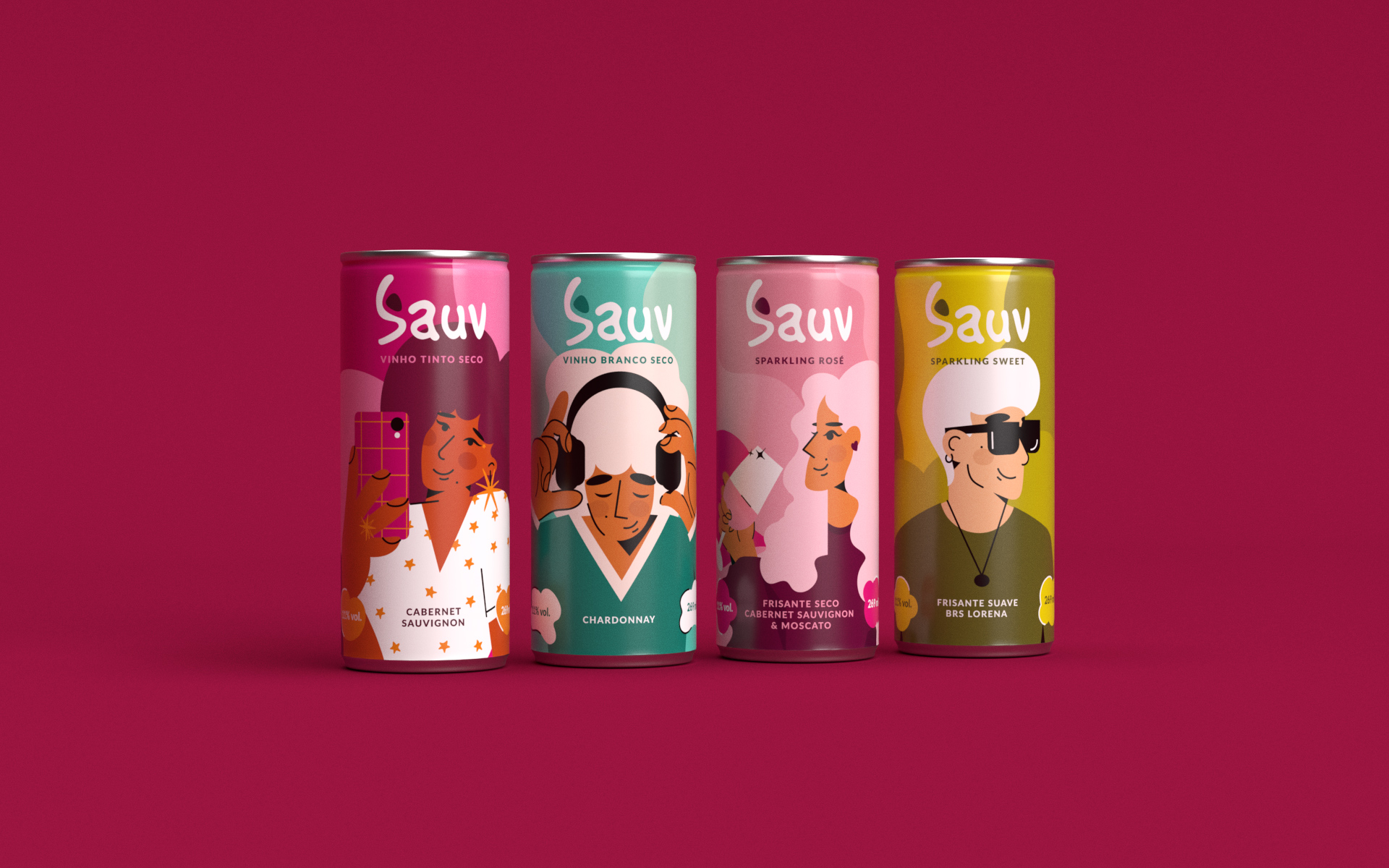 Sauv罐装葡萄酒标签包装设计和时尚人物插图，开发年轻人更广泛日常使用场景