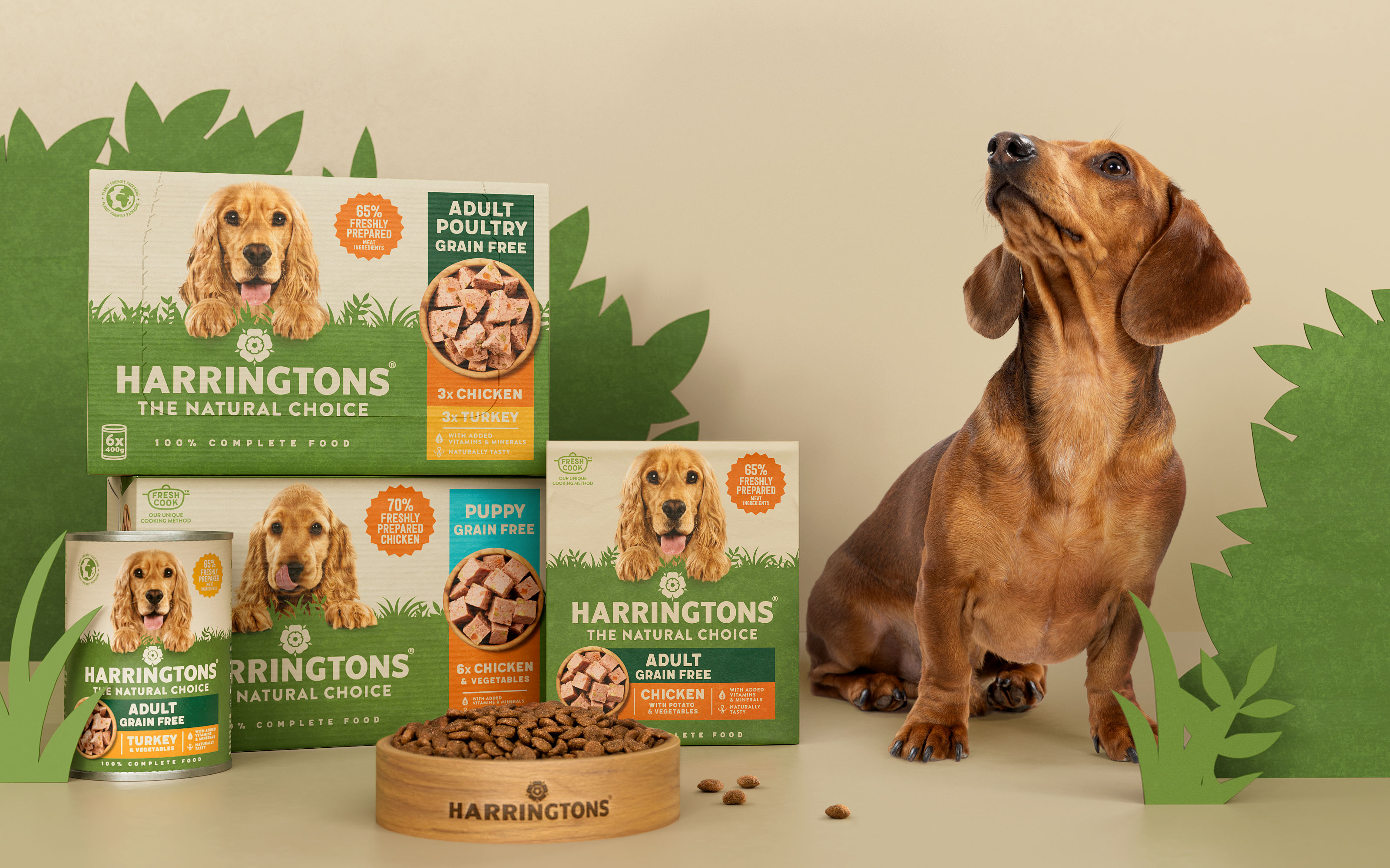 Harringtons哈灵顿猫粮狗粮宠物食品包装设计，“草地动物”视觉贯穿所有包装