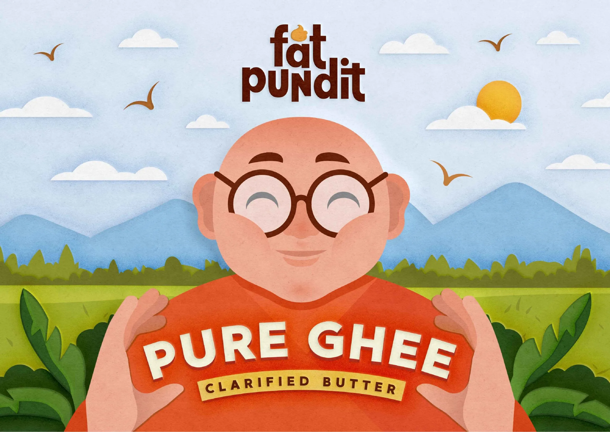 Fat Pundit瓶装酥油黄油调味品包装设计“胖专家人物插画”